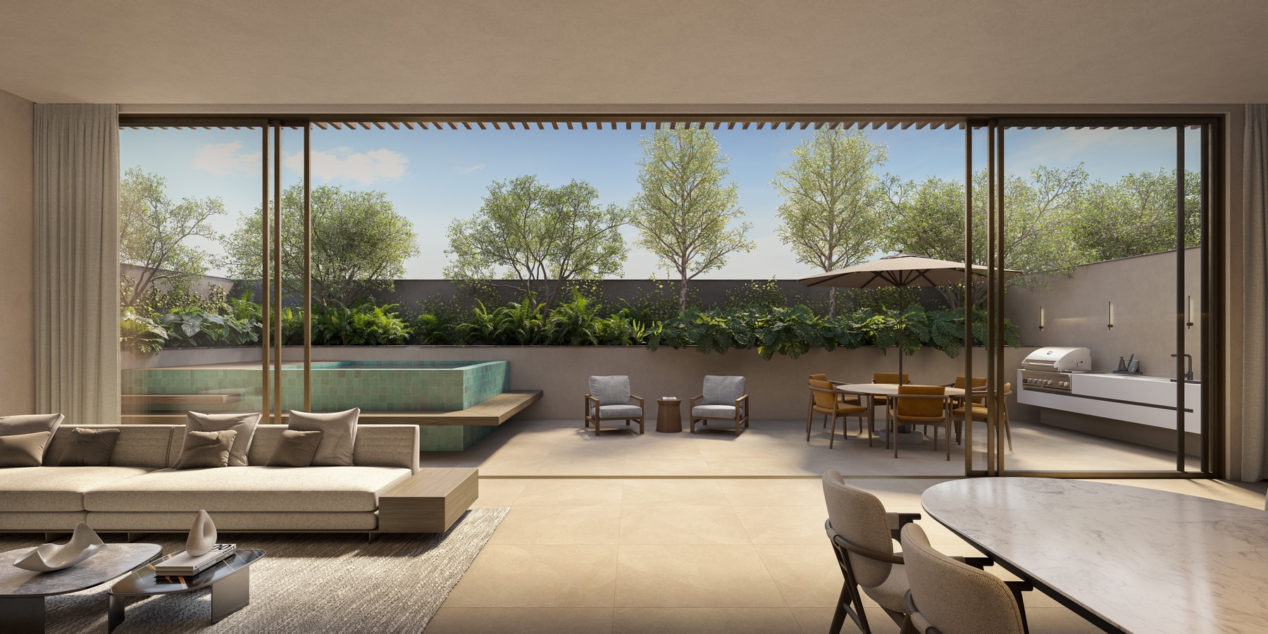 Private garden and pool of a Garden Residence at Colette Residences at Brickell — a ground-floor residence with private garden, outdoor kitchen, and spa landscaped by David O. Design.