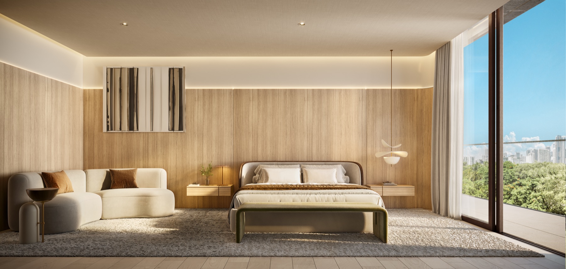 Primary bedroom at Colette Residences at Brickell. Floor-to-ceiling glass, private terrace access, walk-in closets with bespoke Italian millwork by LEMA, OSPA interiors.