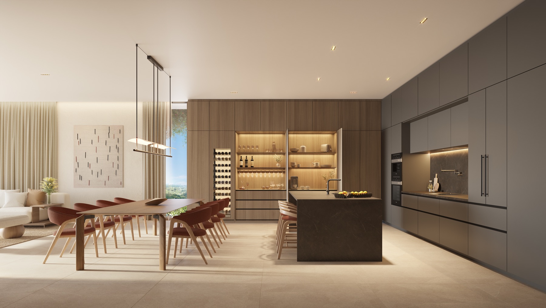 Kitchen at Colette Residences at Brickell. Custom Italian millwork by CESAR, KOHLER and BLANCO fixtures, mineral-based INALCO countertops, Miele appliances and a full-height 78-bottle wine cooler.