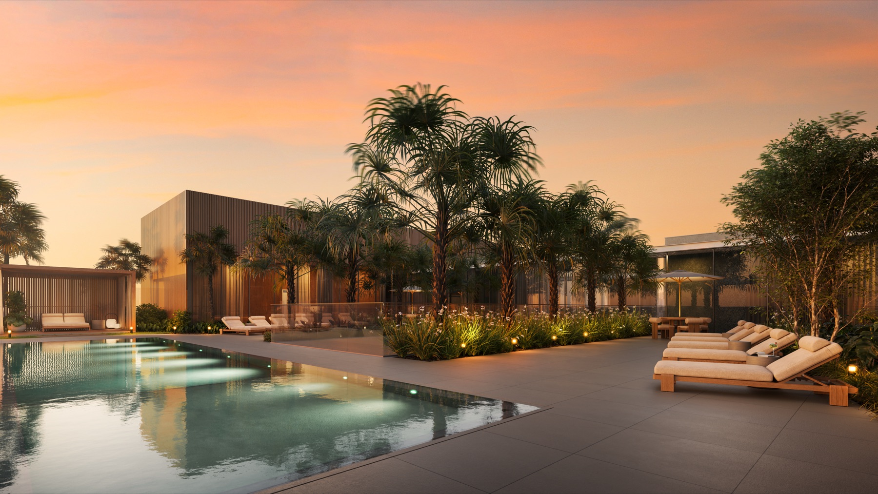 Rooftop 50-foot pool at Colette Residences at Brickell — private cabanas, a 5,200 SF sun deck, and landscaping by David O. Design, shown at sunset.